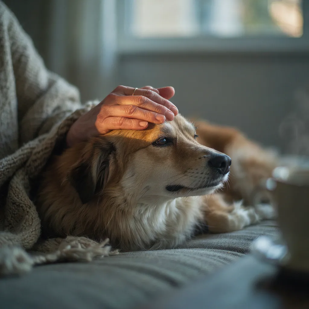 Une main douce posée sur la tête d'un vieux chien allongé sur le canapé