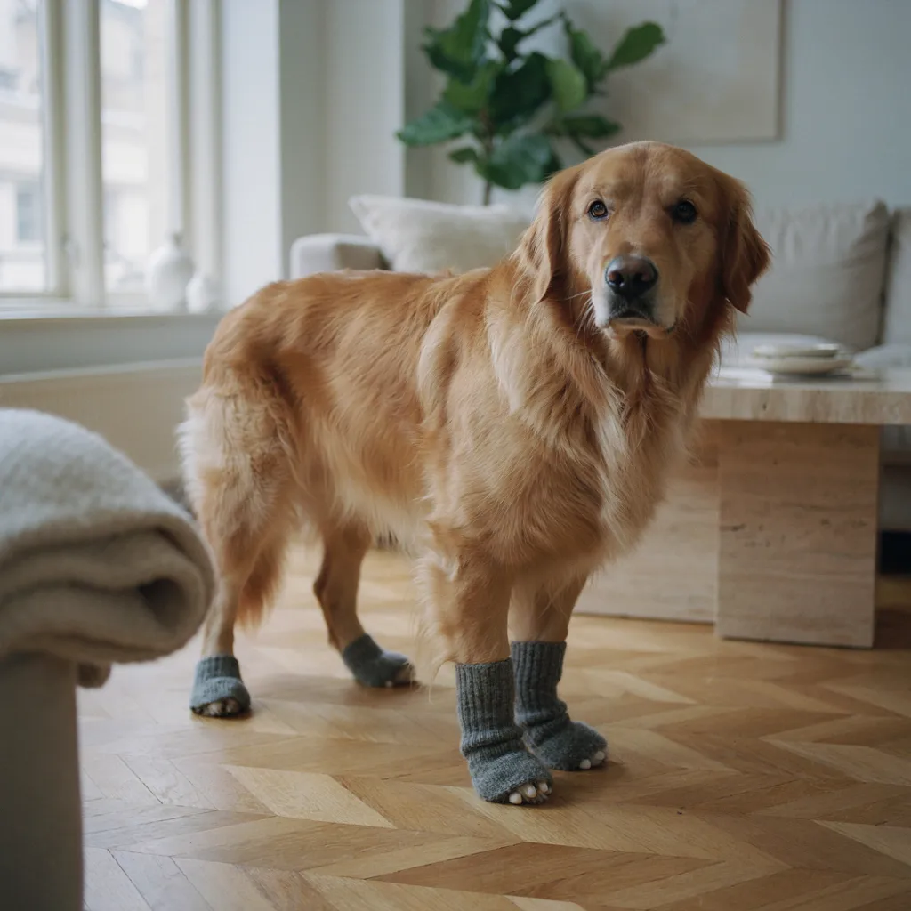 Un golden retriever âgé debout sur un parquet, portant des chaussettes antidérapantes grises