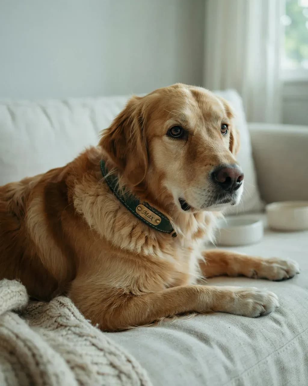 Un golden retriever âgé allongé sur un canapé clair porte un collier vert rembourré avec une plaque gravée « Max »