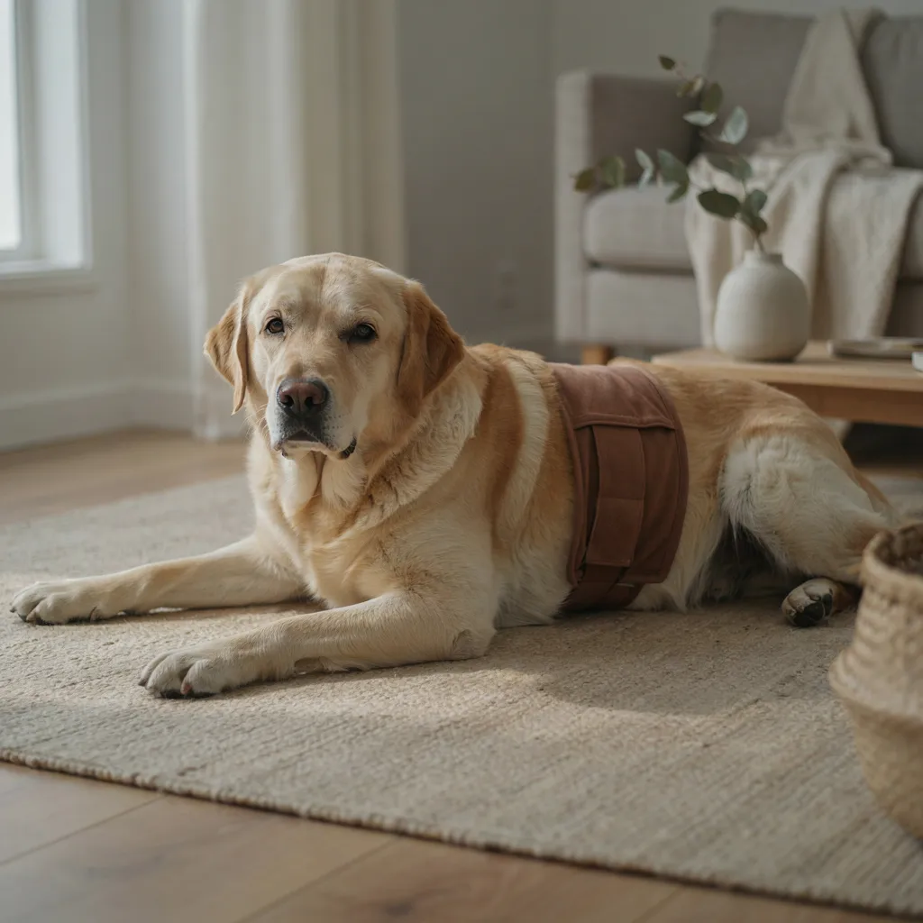 Un labrador âgé allongé sur un tapis du salon porte une culotte hygiénique lavable marron à bande auto-agrippante